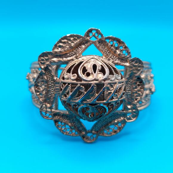 Vintage Gold Tone Filigree Openwork Cuff Bracelet, Egyptian Revival, 6 1/2 Inch - Picture 3 of 13